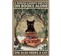 kisoyo Poster rétro amusant en étain « A Woman Cannot Survive On Books Alone » « She Also Needs A Cat » - Poster vintage pour amoureux des chats - 30,5 x 40,6 cm