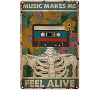 kisoyo Poster vintage en métal motif squelette musical « Music Makes Me Feel Alive » - Décoration murale pour femme, café, maison, bureau, salle de bain, appartement, 20,3 x 30,5 cm