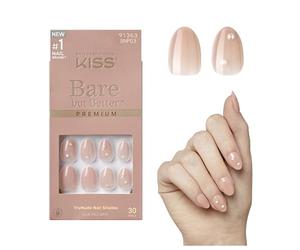 KISS Bare-But-Better Premium Press-On Nails “Slay” - Faux ongles rosé nude longueur moyenne forme amande coffin avec strass, 30 ongles autocollants avec colle 2 g, lime mini et bâtonnet manucure