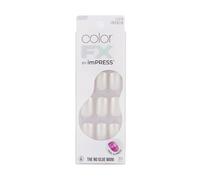 KISS imPRESS Color FX 30 faux ongles sans colle de longueur moyenne, format squoval moyen, finition blanc chrome métallisé, pose et dépose faciles, bâtonnet de manucure, lingette préparatoire et lime