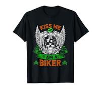 Kiss Me I'm A Biker Skull Lucky Shamrock St Patricks Day T-Shirt