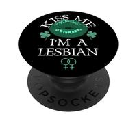 Kiss Me I'm a Lesbian St Patricks Day Green Lips Les Pride PopSockets PopGrip Adhésif