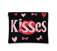 Kisses Trousse de maquillage romantique noire pour femme, organiseur portable en toile avec fermeture éclair, trousse de toilette de voyage pour la Saint-Valentin, noir, 7x9 Inch, Bisous