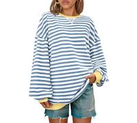 Kissfix Sweat-shirt rayé surdimensionné à manches longues pour femme - Col rond - Pull décontracté Y2K, Bleu blanc., Taille M