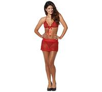 KissMe Set Little Treat Soutien Gorge Triangle, Mini Jupe et String en Dentelle Rouge Taille M