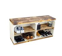 Kistenkolli Altes Land Banc de rangement à chaussures en caisses à fruits et planches de bois massif (banc blanc avec planches en bois et étagères centrales flammées)