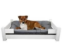 Kistenkolli Altes Land Corbe pour chien Winston XL en bois avec coussin 100x60x25cm Corbe pour chien Coussin pour chien Lieu de couchage Vintage Canapé pour chien (Blanc)