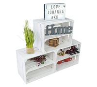 Kistenkolli Altes Land Ensemble de 3 caisses en bois blanc avec planche intermédiaire - Rangement pour des pommes, des bouteilles de vin, des chaussures - 50 x 30 x 40 cm (blanc avec insert long)
