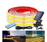 KISUFU 12V Ruban LED COB avec Contrôleur solaire, IP68 Waterproof 320 LEDs/m USB Dimmable Bande LED Strip Light avec 1.2W Panneaux solaires Et clips pour Patio extérieur, jardin, garage décoration.