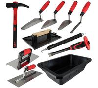 Kit 11 outils maçonnerie - 4 truelles - Taloche - platoir - Auge 10L - Fer à bordure - Torsadeuse fil de fer - Marteau - Burin