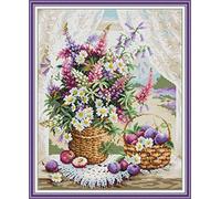 Kit 14CT Pré-imprimés de Broderie au Point de Croix Estampillé à Faire Soi-même, Gamme Complète de Kits de Démarrage Pour Débutants - Corbeille à fleurs pour rebord de fenêtre 40 x 48 cm