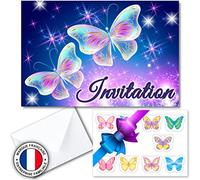 Kit 20 cartes invitation anniversaire fille ou garcon en français thème PAPILLONS (20 cartons d invitation + 20 enveloppes + 2 planches de 10 stickers). Idéal enfants et ados de 4 à 15 ans