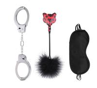 Kit 3 pièces Loisirs Sportifs Bandeau pour les yeux en satin noir - Menottes réglables en acier inoxydable - Bâton à plumes imprimé léopard Kit de loisirs sportifs pour couple (Imprimé léopard rouge)