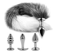 Kit 3 tailles échangeables plugs anal queue renard gris argenté fourrure synth + métal pour débutants et couple