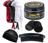 Kit 360 Wave Homme : Pommade Tenue Forte, Bonnets Satin, Brosse, Tampons, Lavage Facile, Anti-Frisottis, Ondulations Durables