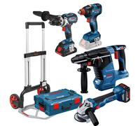 Kit 4 outils 18V (GSR110 + GDX210 + GWS10 + GBH24) + 3 batteries + chargeur + coffret L-BOXX + diable - BOSCH