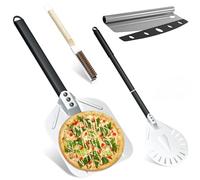 Kit 4 pièces pour pizza, pelles à pizza perforées 30 cm + pelle a pizza Ronde 9’’ en Aluminium + Roulette à pizza professionnelle + Brosse de nettoyage pour four à pizza en Poils en Fibre de Palmier