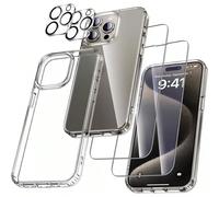 Kit 5 en 1 : 2 protections d'écran en verre trempé haute définition + 2 protections d'objectif + 1 coque transparente. Compatible avec iPhone 16e/11/12/13/13 Mini/14/15/15 Pro/Pro Max. Protection anti