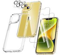 Kit 5-En-1 Pour Iphone 14 - Coque Transparente Anti-Choc + 2 Verres Trempés 9h + 2 Protège-Caméras Arrière, Anti-Jaunissement, Ultra-Fin