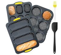 Kit 5 Pièces : 3 Moules à Pain et Baguette Silicone Perforé, 4/6/9 Cavités | CUISSON POLYVALENTE - Trois plaques perforées pour baguettes, pains burger et petits pains, avec pinceau et spatule