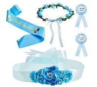 Kit 5 Pièces Écharpe de Maternité Écharpe et Épingle Mom to be Fleur de Corsages Daddy to be Ceinture de Grossesse Couronne Coiffe de Couronne Roses pour Baby Shower Parents Fête (Bleu)