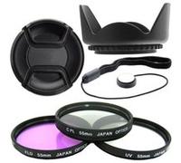 Kit 55mm Pare Soleil + UV CPL FLD + Lens Cap + Dragonne pour Sony DSLR Alpha A200 A300 A350 A33 A35 A55 A58 A65 A77 G