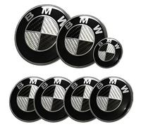 Kit 7 Badge Logo Embleme Bmw Carbone Noir Gris Capot 82mm + Coffre 74mm +Volant + 4 Cache Moyeu 68mm