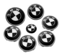 KIT 7 Badge LOGO Embleme BMW Noir Gris Capot 82mm + Coffre 74mm +Volant + 4 centre de roue