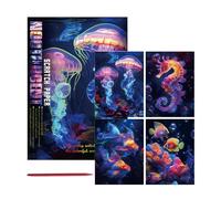 Kit à gratter - 4 papiers arc-en- avec stylo | Jeu d'art à gratter brillant de taille A4 avec motifs de créatures marines pour développer votre créativité et vos travaux manuels amusants