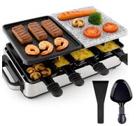 Kit à raclette pour 8 personnes - Plaque de cuisson et plaque en pierre antiadhésive - Barbecue de table avec poêlons et grattoir