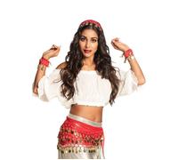 Boland 00458 - Gypsy Set Rouge, serre-tête, bracelet, foulard pour les hanches, danse du ventre, or, pièces de monnaie, perles, déhanchement, danse, carnaval, Halloween, Mardi gras, fête à thème