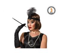 Kit accessoires Charleston 1930 - bandeau à plume noir, fume-cigarette et collier de perles blanc