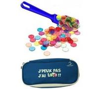 Kit accessoires loto bingo 3 en 1 - trousse + baton ramasse jetons magnetique bleu + 100 pions aimantes - set materiel jeu + carte