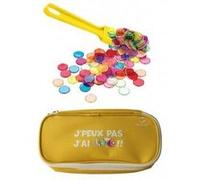 Kit accessoires loto bingo 3 en 1 - trousse + baton ramasse jetons magnetique jaune + 100 pions aimantes - set materiel jeu + carte