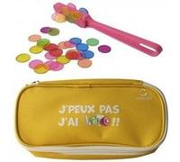 Kit accessoires loto bingo 3 en 1 - trousse jaune + baton ramasse jetons magnetique rose + 100 pions aimantes - set materiel jeu + carte