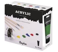 Rayher Starter Set peinture acrylique, 9 pces., 6 couleurs, tubes 75ml, avec pinceaux, toutes surfaces, usages multiples, arts créatifs-38931000