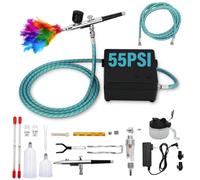 Kit aérographe avec compresseur d'air pour décoration de gâteaux, maquettes, maquillage et ongles 55PSI Pro Air Brush Set 3 buses (0,2/0,3/0,5 mm) et kit de nettoyage en métal avec arrêt automatique