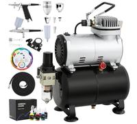 Kit aérographe avec compresseur, double ventilateur, réservoir d’air, 2 pistolets, 6 couleurs acryliques mates et accessoires complets, pour modelisme, nail art, tatouage, meubles