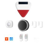 Kit Alarme évolutif 868Mhz connecté WiFi avec sirène intégré 90dB et Flash Lumineux, Sirène extérieure Solaire 90dB, détecteur de Mouvement, détecteur d'ouverture (x2) et télécommande (x2)
