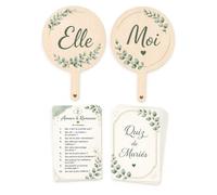 Kit Animation Mariage, Accessoires Et Jeu Pour Votre Deco Mariage. | Kit complet incluant 8 fiches de questions et 2 panneaux en bois. Idéal pour animer votre réception avec élégance.