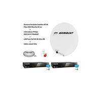 Kit Antenne Parabole Sat HD 4K Fibre SMC Blanche 85cm WORLDSAT + 2 Décodeurs Philips DSR 3031F FRANSAT + LNB Twin 4K Ultra Full HD + Câble Coax 50m