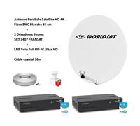 Kit Antenne Parabole Sat HD 4K Fibre SMC Blanche 85cm WORLDSAT + 2 Décodeurs Strong SRT 7407 FRANSAT + LNB Twin 4K Ultra Full HD + Câble Coax 50m