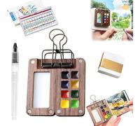 Kit aquarelle, coffret aquarelle portable de voyage - Mini kit de peinture 12 couleurs avec palette en bois, sac de rangement et pince métallique, pour artistes (Huit couleurs)