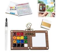 Kit aquarelle, coffret aquarelle portable de voyage - Mini kit de peinture 12 couleurs avec palette en bois, sac de rangement et pince métallique, pour artistes (Cinquante couleurs)