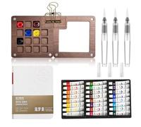 Kit Aquarelle Voyage de 24 couleurs Kit Aquarelle Miniature avec 1 Carnet Croquis 3 Pinceau à Eau 24 Peintures Mini Palette de 15 Grilles de Peinture Portable pour Peinture à L'huile et les Croquis