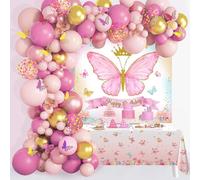 Kit Arche Ballon Papillon Rose Or, 101pcs Décoration Anniversaire Papillon Fille avec Guirlande Ballon Rose Gold Autocollant Toile de Fond Nappe de Table Papillon pour Anniversaire Fille Princesse