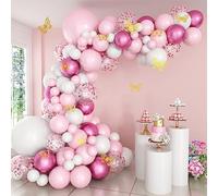 Kit Arche Ballon Rose, Guirlande Anniversaire Avec Ballons Rose, Ballon Blanc Et Décorations Métalliques En Forme De Papillon, Arche De Ballon Rose Pour Baby Shower, Mariage, Bapteme, Fiancailles.