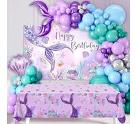 Kit Arche Ballon Sirène, 109pcs Decoration Anniversaire Sirène en Ballon Bleu Vert Violet, Nappe Sirène & Toile De Fond pour Decoration Anniversaire Fête, Mariage, Baby Shower Fille