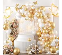 Kit Arche Ballons Or et Blanc avec Autocollants Papillon, 104 Pièces Kit Guirlande Ballon Decoration Anniversaire Or et Blanc pour Anniversaire, Mariage, Fête Prénatale, Décoration de Fête Bohème