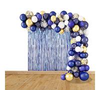 Kit Arche de Ballons 127pcs, Guirlande de Ballons en Latex, Bleu Royal, Bleu Marine, Blanc, Argent et Or, 1 Rideau en Aluminium de 2,5 m et Ruban de Ballons pour Mariage, Anniversaire, Baby Shower